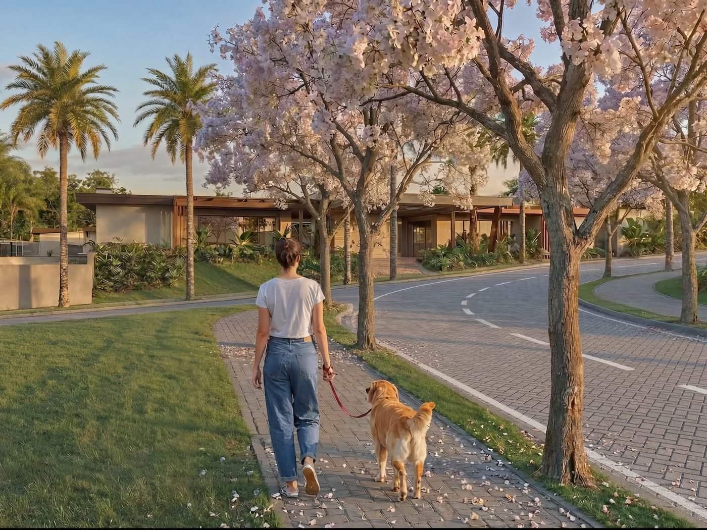 Moradora passeando com o cachorro nas ruas arborizadas